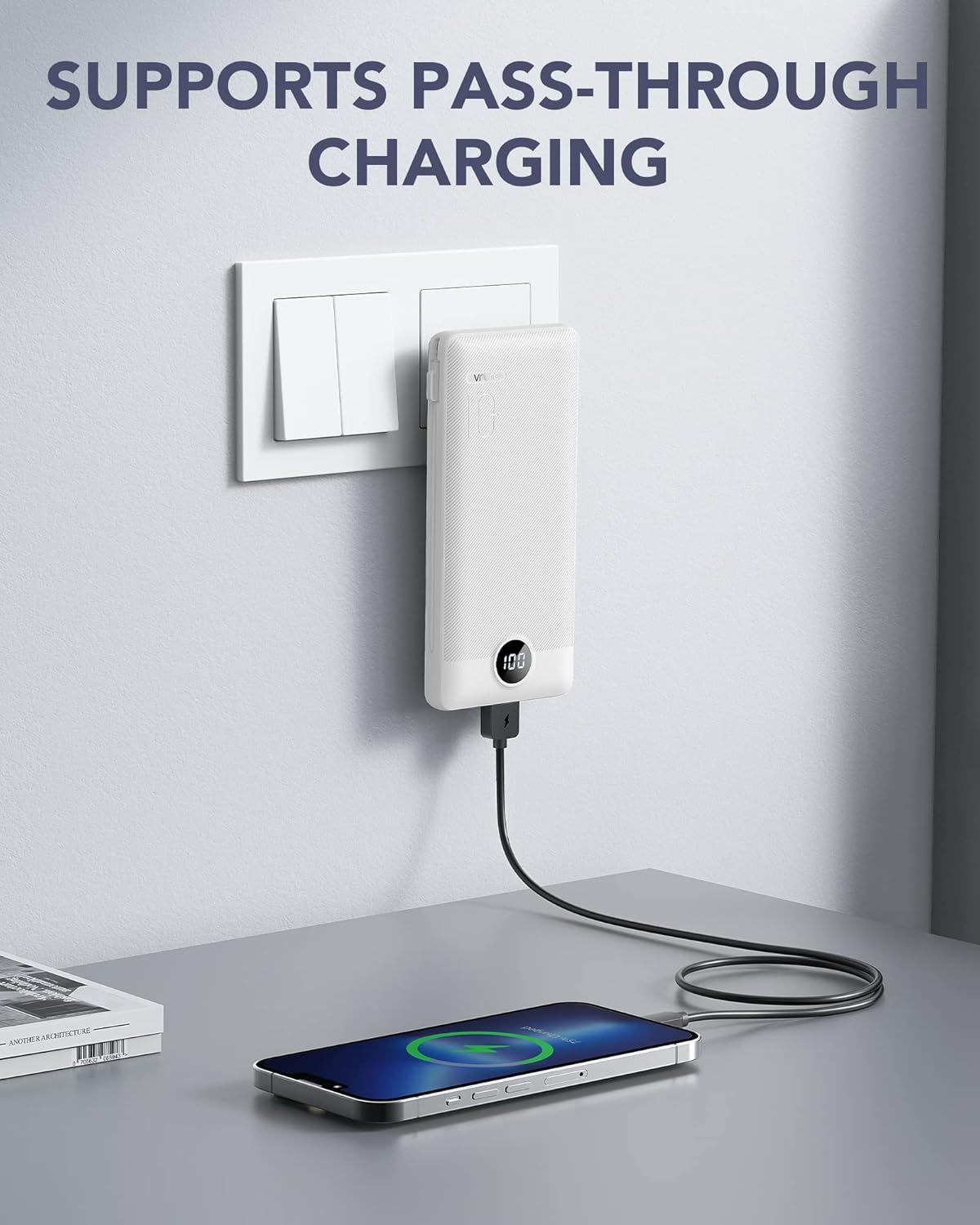 VRURC Portable Charger,Power Bank Built-in Cables and AC Wall Plug, USB C Portable Bank 10000mAh, Travel Essentials Phone Charger Compact External Battery Pack for Smart Phones, Tablets etc-White - Image 2