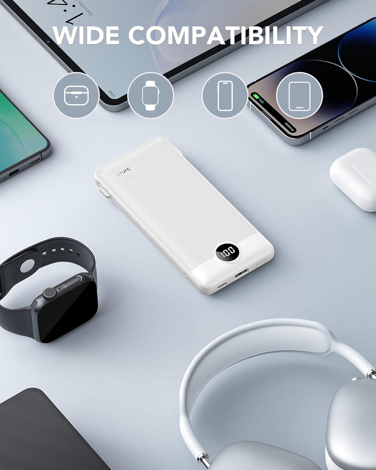 VRURC Portable Charger,Power Bank Built-in Cables and AC Wall Plug, USB C Portable Bank 10000mAh, Travel Essentials Phone Charger Compact External Battery Pack for Smart Phones, Tablets etc-White - Image 6