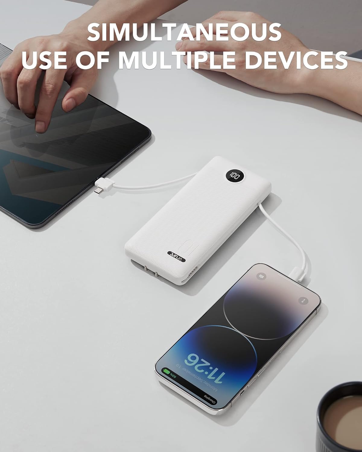 VRURC Portable Charger,Power Bank Built-in Cables and AC Wall Plug, USB C Portable Bank 10000mAh, Travel Essentials Phone Charger Compact External Battery Pack for Smart Phones, Tablets etc-White - Image 7