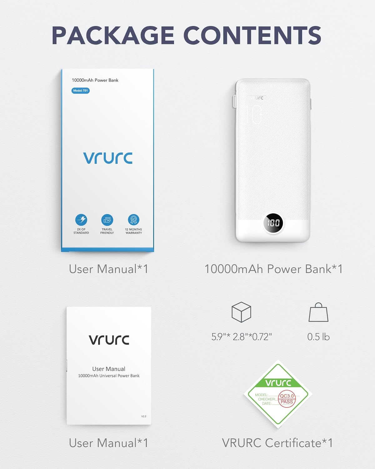 VRURC Portable Charger,Power Bank Built-in Cables and AC Wall Plug, USB C Portable Bank 10000mAh, Travel Essentials Phone Charger Compact External Battery Pack for Smart Phones, Tablets etc-White - Image 9