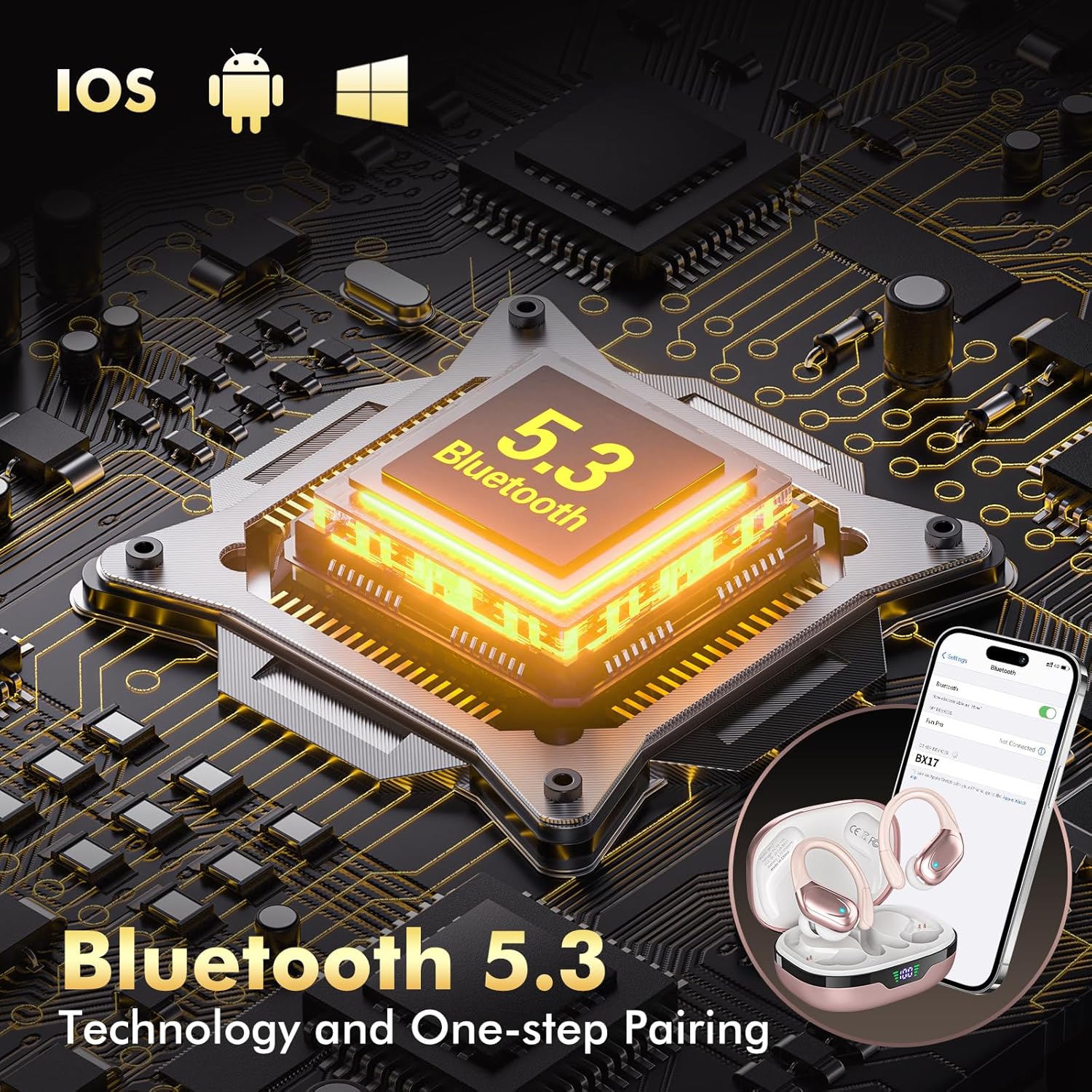 Wireless Earbuds, ENC Noise Cancelling Sport Ear Buds with Multifunctional Touch Screen, Bluetooth 5.4 Headphones, Bass Stereo Sound, 5 EQ Over The Ear Earbuds for Sports/Workout/Gym-Black - Image 4