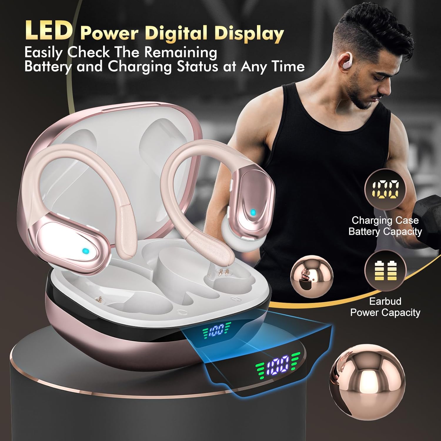 Wireless Earbuds, ENC Noise Cancelling Sport Ear Buds with Multifunctional Touch Screen, Bluetooth 5.4 Headphones, Bass Stereo Sound, 5 EQ Over The Ear Earbuds for Sports/Workout/Gym-Black - Image 7